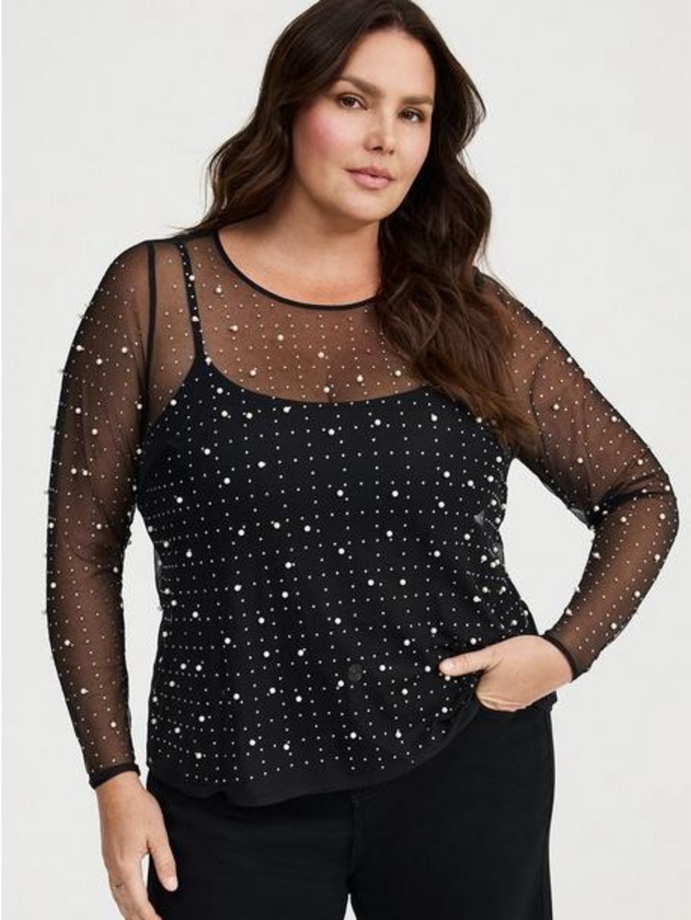 Torrid Pearl Sequin Mesh Sheer Black Long-Sleeve Top